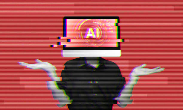 glitching corrupted ai system, error message on red alert background - beeldmanipulatie stockfoto's en -beelden