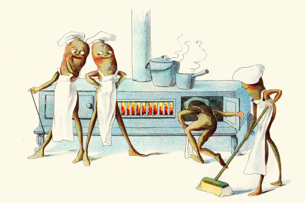 Vintage illustration Fairy tale, Magical creatures, Runner bean men, Cooking on a stove oven in kitchen, The Vege-men's revenge, children's book illustration, Florence K Upton, 1890s