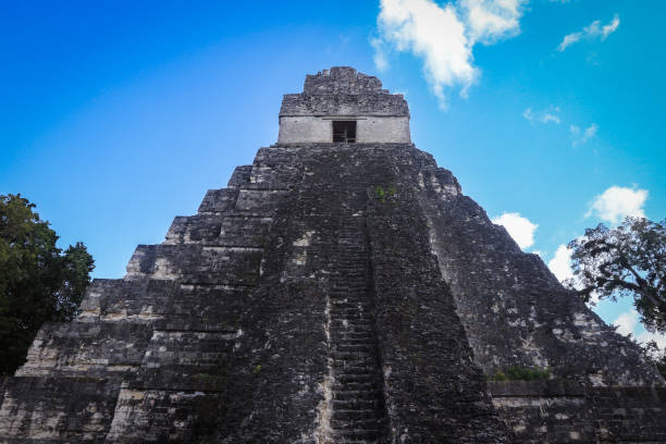 istock Exploring the ancient Mayan temple in Tikal, Guatemala under a bright blue sky with dramatic clouds 2172395468