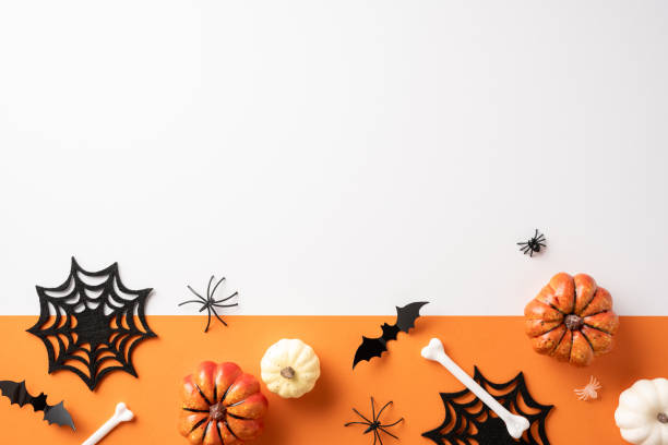 istock Halloween setup featuring pumpkins, spider webs, and bats on an orange and white background, capturing the spooky holiday vibe 2172401507
