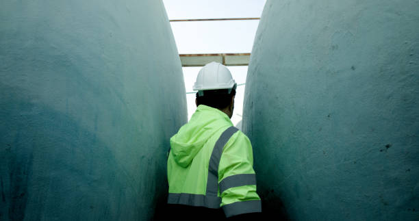 istock The chief industrial engineer wearing a reflective green safety jacket is using a digital tablet and walkie-talkie to communicate with his team. They are rechecking the liquid flow system in huge water tanks at the side of the factory. 2172404269