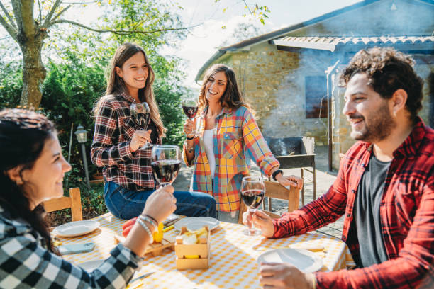istock Friends talking together at vineyard countryside dinner party 2172406292