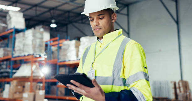 istock Distribution, tablet and supply chain with man in warehouse for logistics, freight or shipping. Export, delivery or cargo storage with digital checklist for customs compliance in inventory management 2172408296