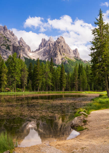 istock High Dolomite Alps under  blue sky are reflected in  small lake. Travelling, hiking. High quality photos. Dolomites. Italy 2172411683