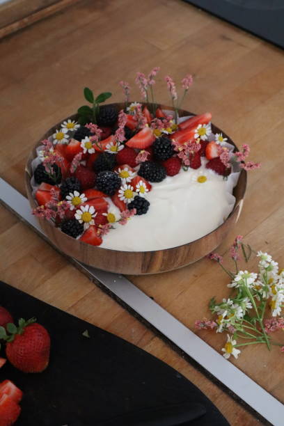 Handmade strawberry and blueberry cream cake