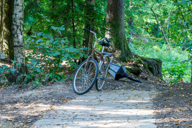 Ecological walking path made of cobblestones and a bicycle on the path. Walk in the park.
