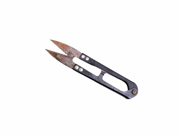 istock Old and rusty steel sewing scissor isolated on white background. Thread clipper, yarn cutter 2172437468