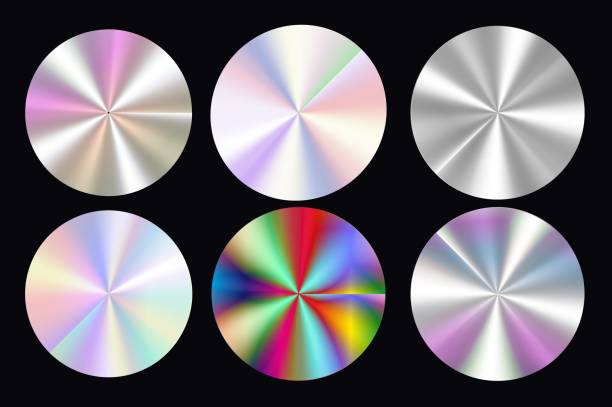 istock Set of colored backings with holographic effect, neon, rainbow, glow effect. Round color stickers 2172440320
