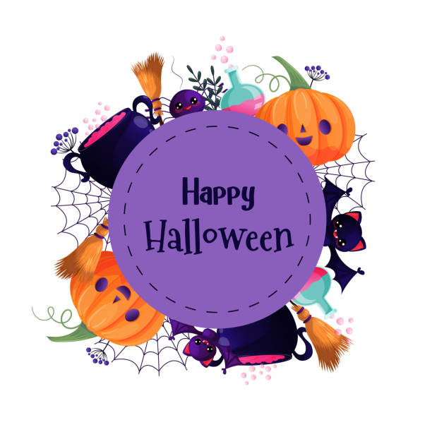 istock Halloween sticker with pumpkin, bats, witch's cauldron, broom, poison, spider web. Cute vector holiday illustration. 2172444116