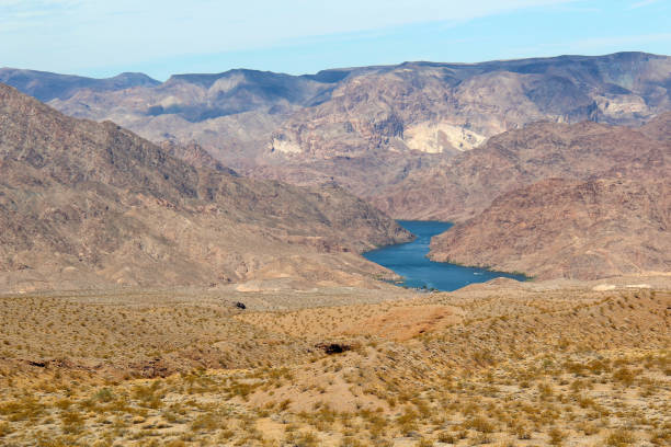 Panoramic view of the Colorado River between mountains