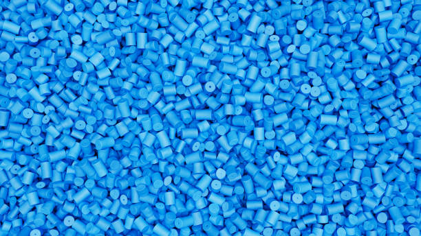 istock Closeup top view of blue plastic polypropylene granules, masterbatch polymer grain. HDPE or PVC resin pellets. 3d render illustration 2172448842