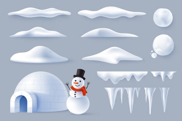 sammlung von schneeverwehungen und eiszapfen in verschiedenen formen im realistischen stil. winterelemente - schneemann und eishaus-iglu. vektor-illustration. - schnee stock-grafiken, -clipart, -cartoons und -symbole