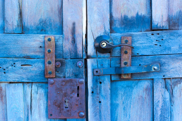Santa Fe, NM: Sunlit Blue Wooden Gate, Antique Hardware