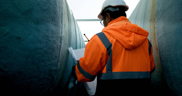 istock Mechanical Engineer wearing orange safety jacket and white hardhat with laptop  and blueprint working on horizontal water tanks at construction site 2172471100