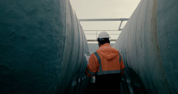 Mechanical Engineer wearing orange safety jacket and white hardhat with laptop  and blueprint working on horizontal water tanks at construction site