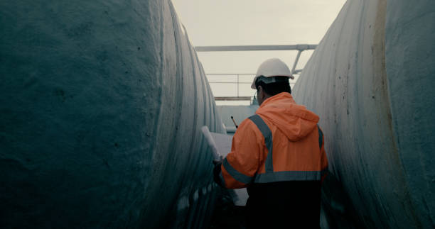 istock Mechanical Engineer wearing orange safety jacket and white hardhat with laptop  and blueprint working on horizontal water tanks at construction site 2172471147