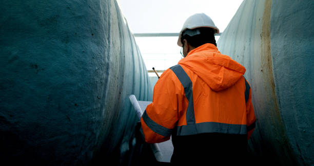 istock Mechanical Engineer wearing orange safety jacket and white hardhat with laptop  and blueprint working on horizontal water tanks at construction site 2172471152