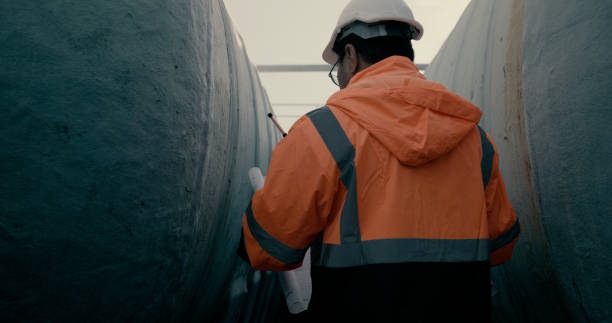 istock Mechanical Engineer wearing orange safety jacket and white hardhat with laptop  and blueprint working on horizontal water tanks at construction site 2172471171