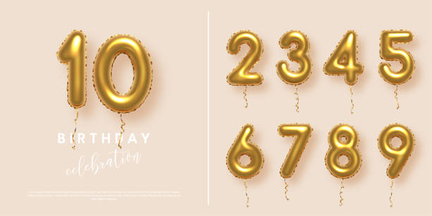 istock Birthday anniversary golden numbers set template with number 10. Celebration birthday vector background. Gold numbers in form of balloons on beige for party invitation, greeting card, poster, event 2172480477