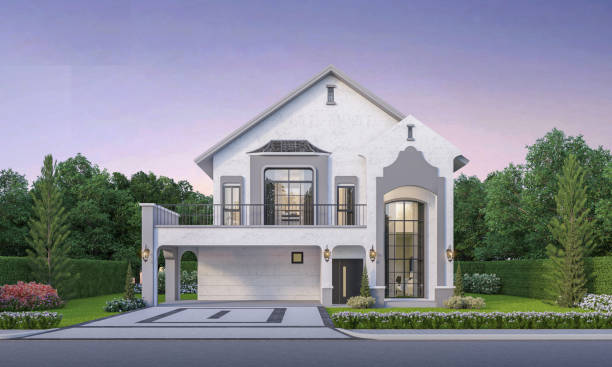 istock contemporary house exterior evening view with lawn grass.3d rendering 2172489431