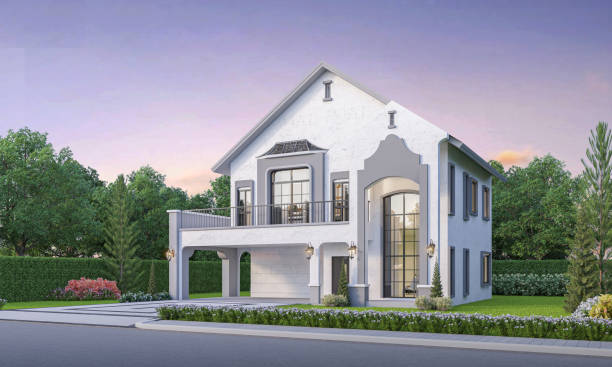istock contemporary house exterior evening view with lawn grass.3d rendering 2172489435