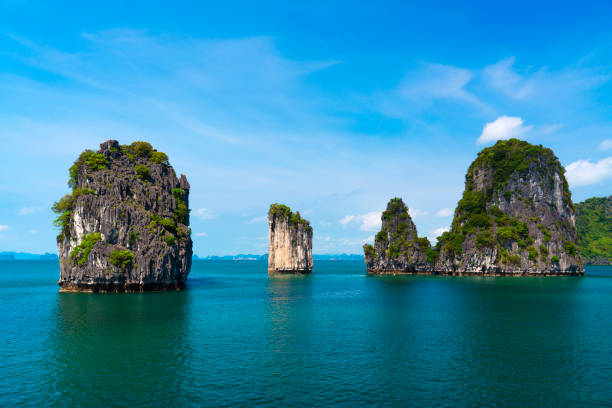 Karst formations in Lan Ha Bay (near Ha Long Bay) in Vietnam on a sunny day.