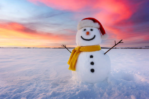 Funny snowman in Santa hat and yellow scalf on snowy field. Merry Christmass and happy New Year!
