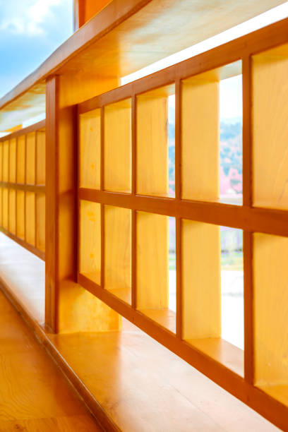 Hinoki wood is used to make guardrails on balconies. Wooden parapet and balconies. True  wood hand rail. Asia style guardrails for decoration.