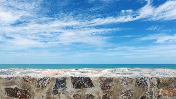 Beautiful view of a beach with wooden floor and the sea in the background on a bright summer day.