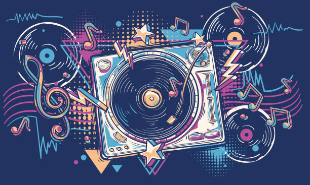 istock Colorful music design - drawn turntable with vinyl disks and musical notes 2172499760