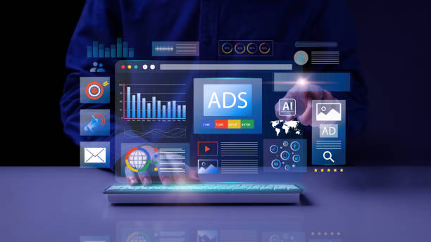 Digital marketing concept, Businessman using laptop with Ads dashboard digital marketing strategy analysis for branding. online advertisement, ad on website and social media. SEO. SMM.
