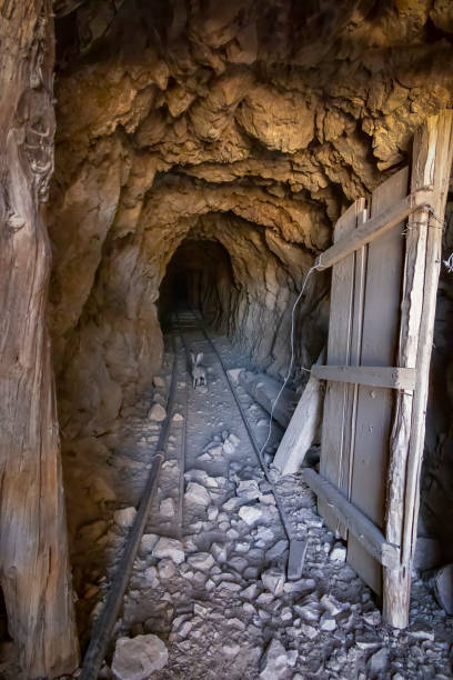 During a public tour of the 1890s built Mollie Kathleen Gold Mine near Cripple Creek, Colorado, 1,000 feet down, the wire mesh elevator leads to string of lights down a side tunnel with ore cart tracks for moving rock filled ore carts.