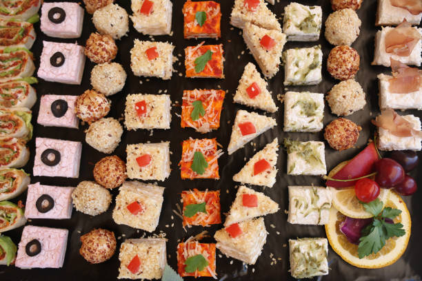 High angle shot of buffet table at gala event without people