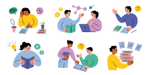 ilustrații de stoc cu set de ilustrații vectoriale plate cu studenți de desene animate care învață, studiază, citesc și scriu. scenă de lucru în echipă, personaje care au examene, fac teme, educație, colaborare - elev