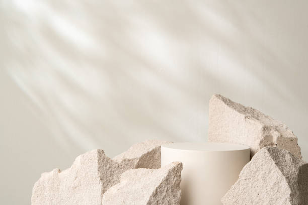 istock A minimalistic display featuring a smooth white cylinder surrounded by rough gray stone fragments 2172523885
