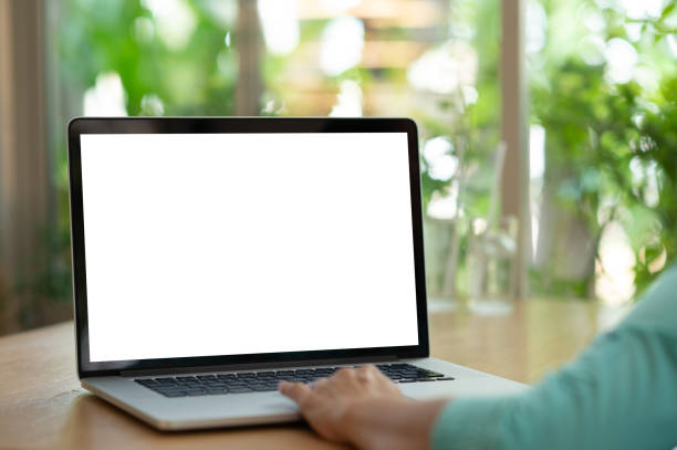 Teens using laptop computer with blank screen and white display desktop monitor mock up. stock photo
