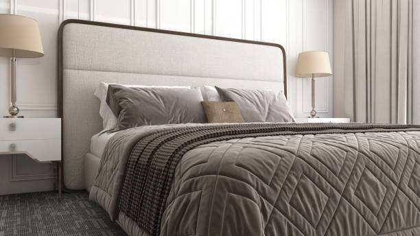 istock Cream colored bed, brown pillow and blanket, lamp, bedside table in sunlight from sheer, blackout curtain to wainscot wall for interior design decoration, product background 3D 2172530268