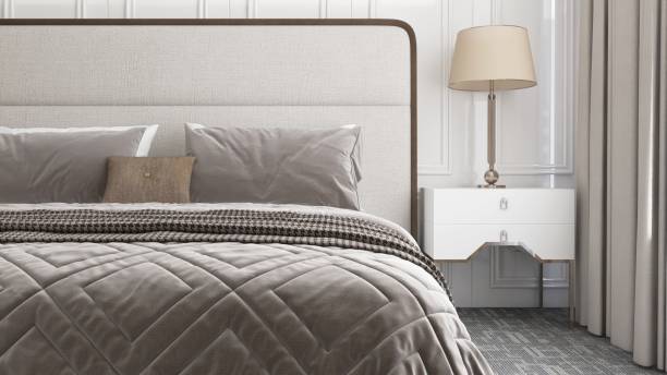 istock Front view of white bed, brown pillow and blanket, lamp, bedside table in sunlight from sheer, blackout curtain to wainscot wall for interior design decoration, product background 3D 2172530302