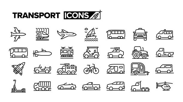 stockillustraties, clipart, cartoons en iconen met trasport line icon set. group of object. - onderzeeër