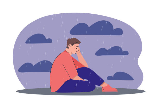 Man in depression. Young guy sits in rain. Frustration and depression, negative feelings and emotions. Loneliness and grief, sadness. Flat vector illustration Man in depression. Young guy sits in rain. Frustration and depression, negative feelings and emotions. Loneliness and grief, sadness. Flat vector illustration isolated on white background grief stock illustrations