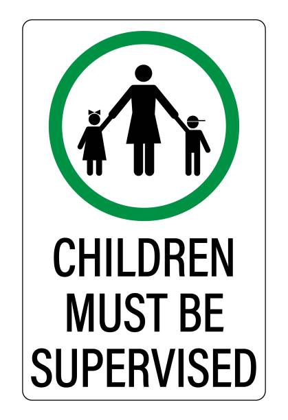 Children must be supervised. Warning sign with silhouettes of a mother holding son and daughter hands. Text. Children must be supervised. Warning sign with silhouettes of a mother holding son and daughter hands inside a green circle. Text below. parent guide stock illustrations
