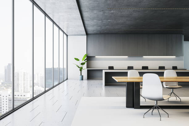 istock Modern corner office interior with large windows and city view. 3D Rendering 2172538871
