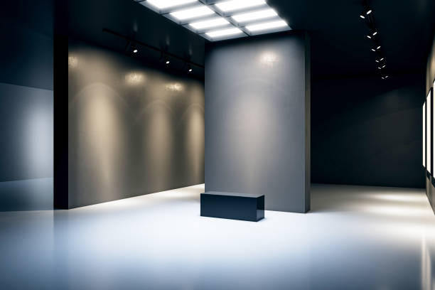 istock Modern gallery interior with blank walls and seating bench. 3D Rendering 2172539376