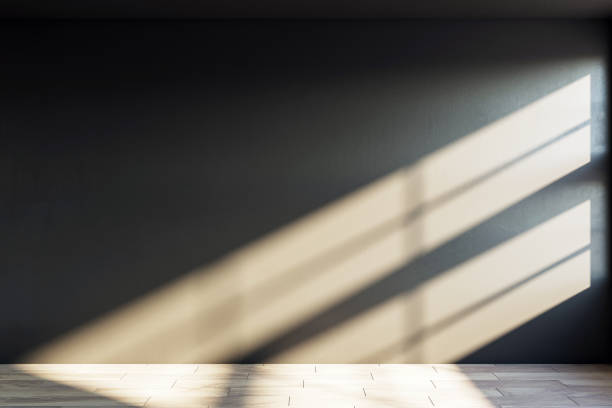 istock Empty room with sunlight streaming through a window creating shadows on the wall and wooden floor. 3D Rendering 2172539986