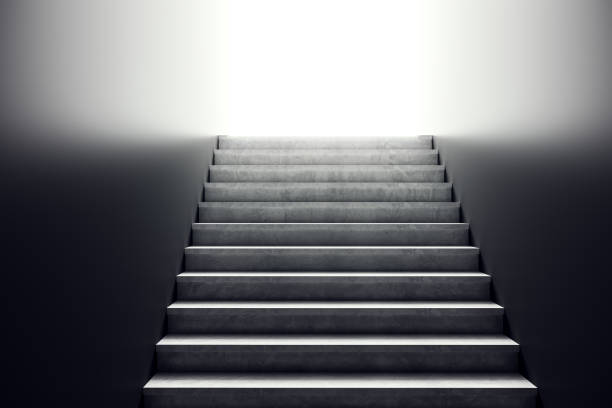 istock Concrete staircase leading to bright light, symbolizing progress and goal achievement. 3D Rendering 2172540006