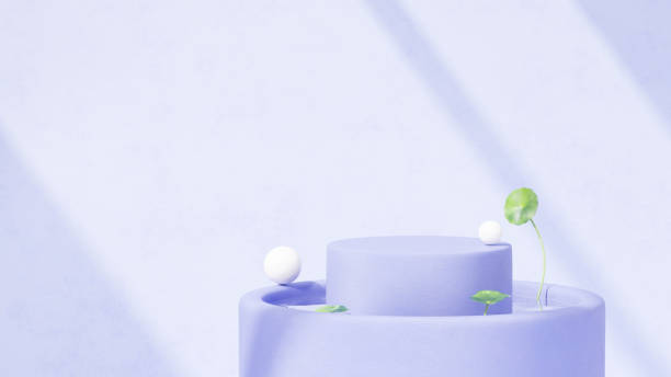 istock Background featuring an empty product display mockup with a purple backdrop and abstract geometric platforms designed for showcasing merchandise in landscape orientation. 2172543650