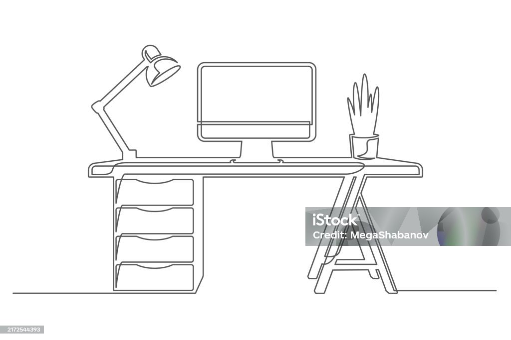 Computer Table Line Drawing Continuous One Line Drawing Office Table With Computer Lamp And Flower ...