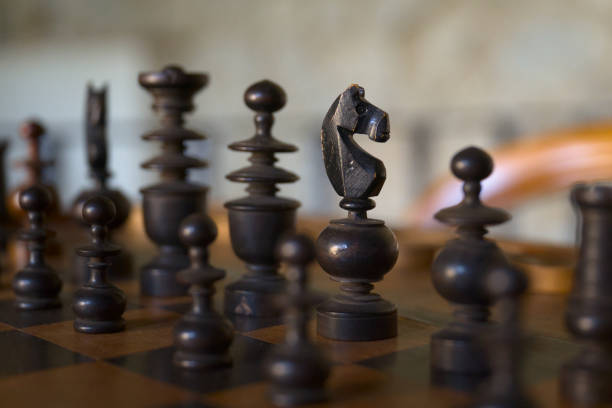 Wooden black knight on a chess board