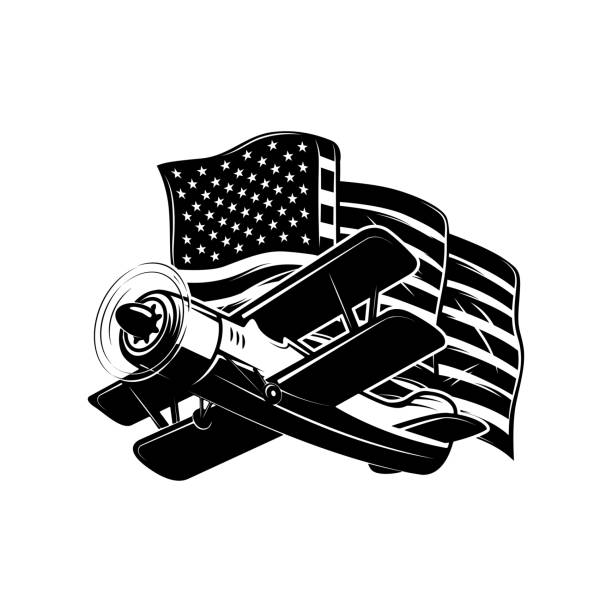 Retro airplane with american flag. Design element for poster, card, banner, sign. Vector illustration