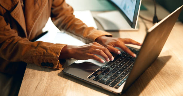 istock Hands, woman and computer for online work, dark and night for deadline. Pressure, typing and journalist for female person in office and rush, technology and project for headline article on laptop 2172546381
